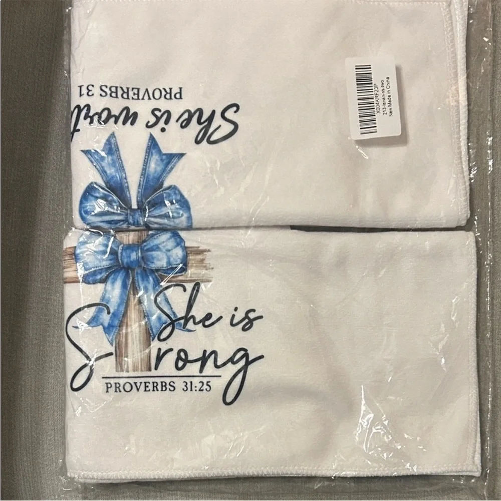 Embroidered Scripture Kitchen Towels - Blue Bow Design